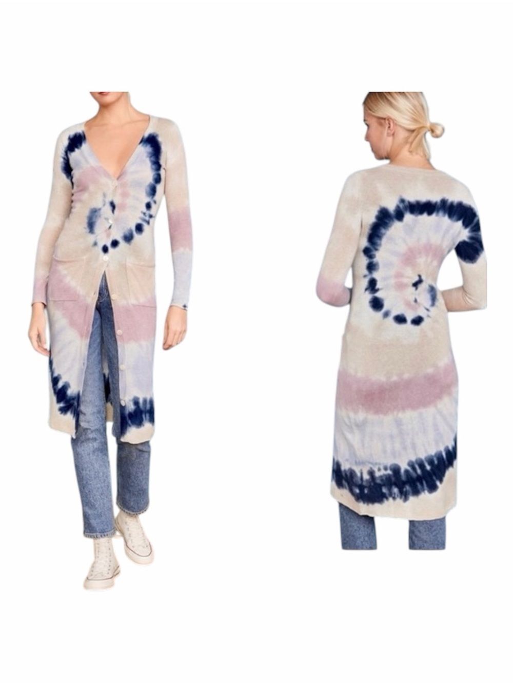 Autumn Cashmere Beige Spiral Tie Dye Button Up Maxi Cardigan Sweater Size XS